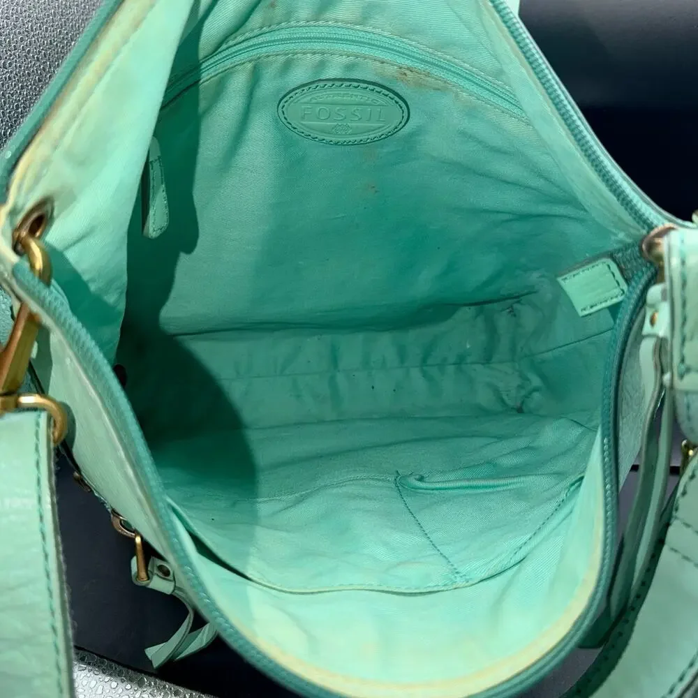 Fossil Mint Green Leather Crossbody Shoulder Bag Vintage Organizer